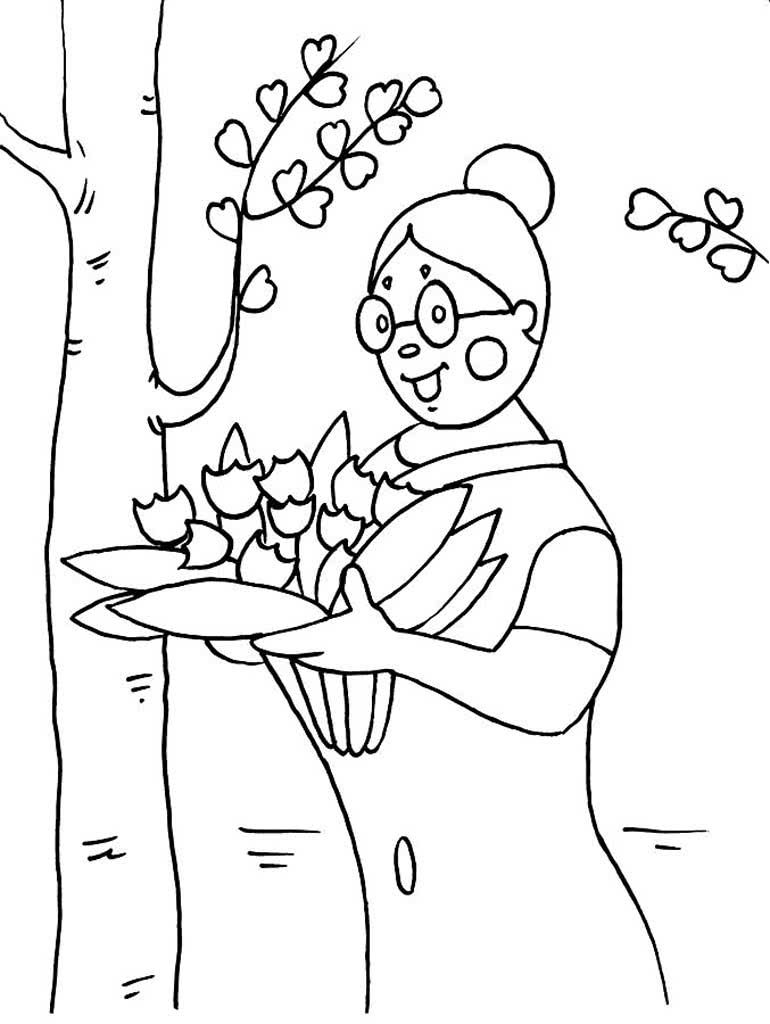 Бабушка с букетом цветов у березы
