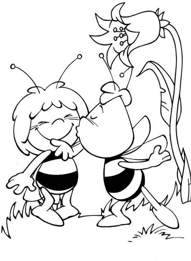 Пчелка Вилли целует пчелку Майю под колокольчиком