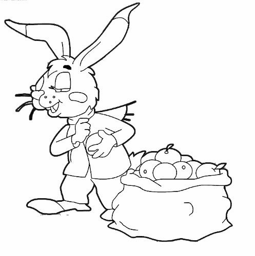 Довольный заяц с мешком яблок