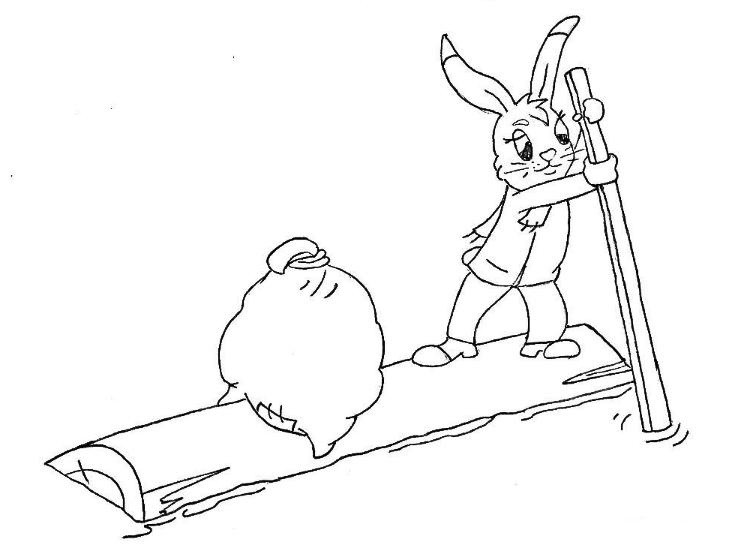 Заяц плывет на плоту с мешком яблок