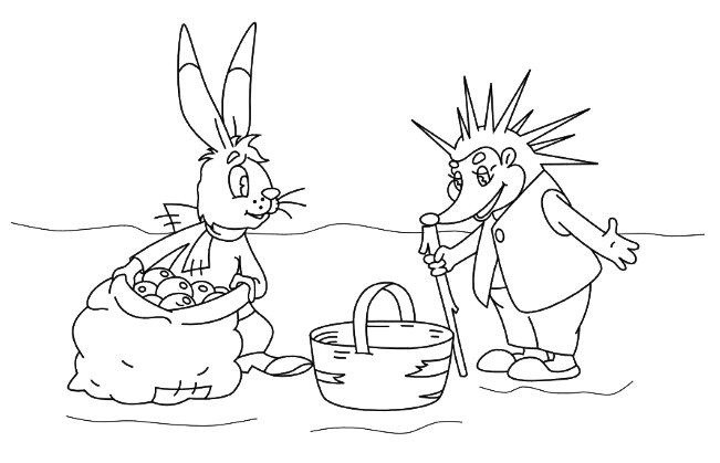 Заяц угощает ежика яблоками