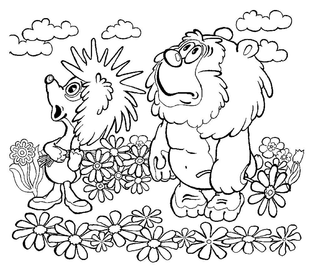 Ежик и медвежонок на поляне цветов