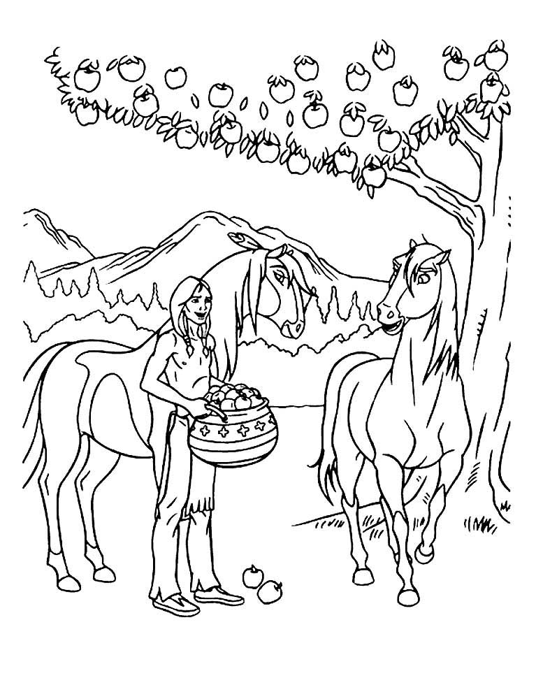 Индеец и лошади Спирит собирают яблоки