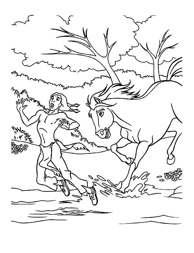 Индеец маленький ручеек играет с лошадью