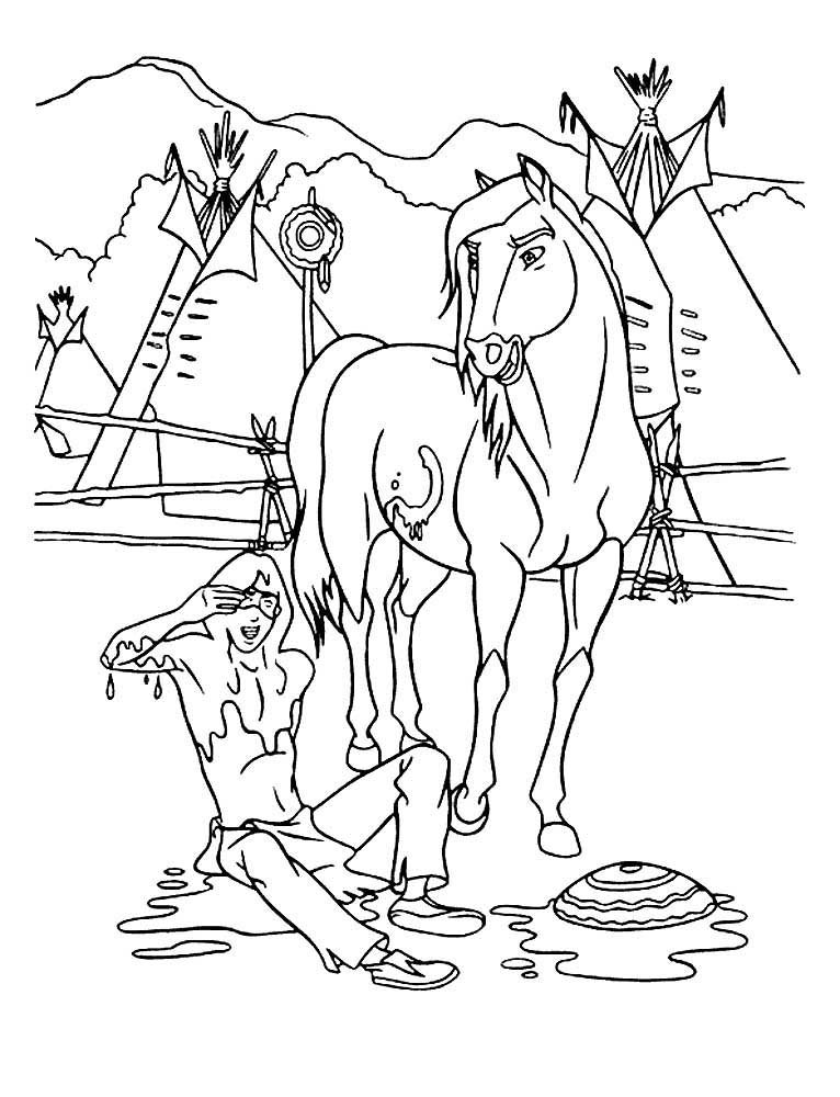 Испачканный индеец и конь спирит на фоне вигвама