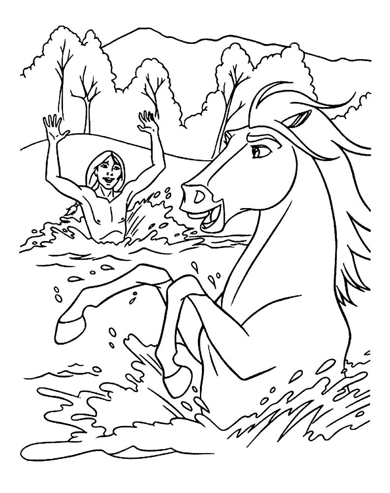 Индеец с конем Спирит купается в реке