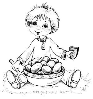 Антошка сидит  с тарелкой картошки и в руке хлеб