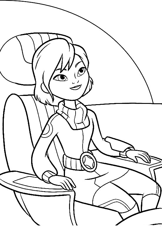 Фиби Каллисто сидит в кресле космического корабля