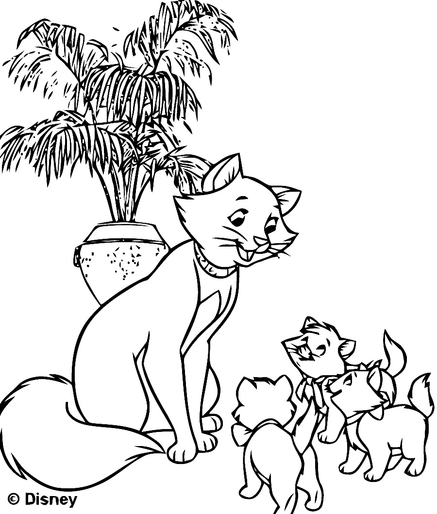 Герцогиня сидит рядом с цветком и три маленьких котенка