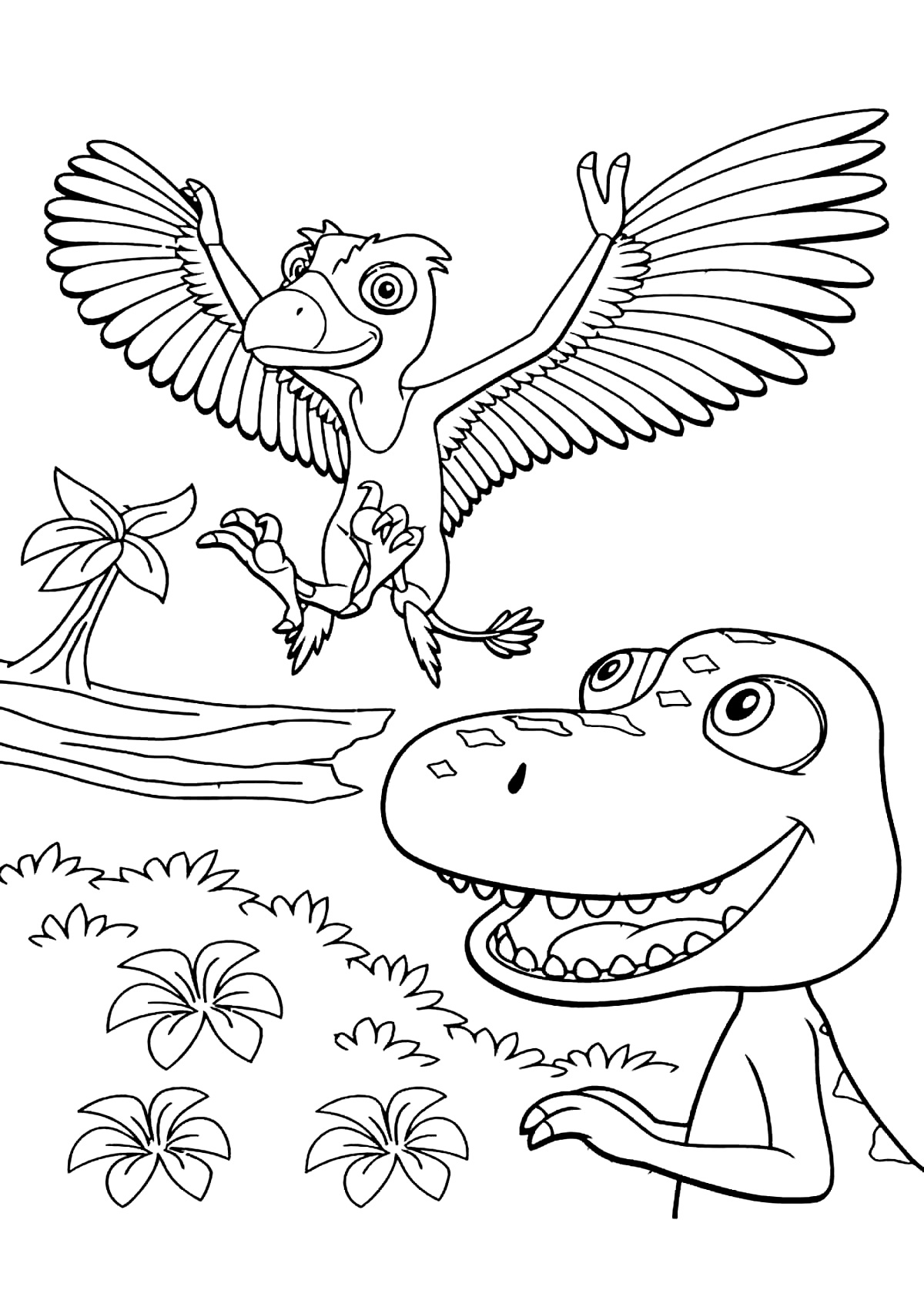Маленький динозавр с птичкой среди цветов 