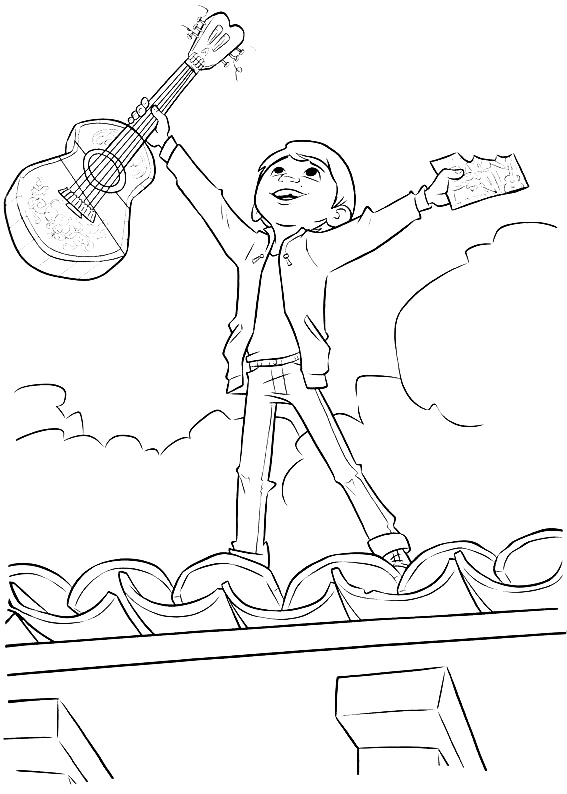 Мигель из мультика Тайна Коко стоит на крыше с гитарой и разорванным фото
