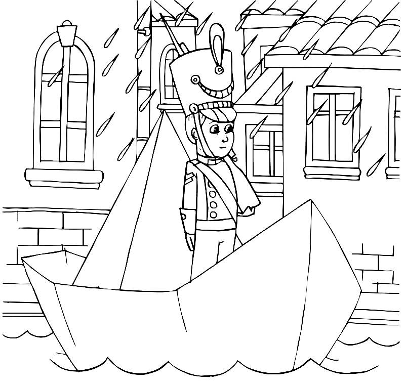 Оловянный солдатик плывет под дождем на кораблике