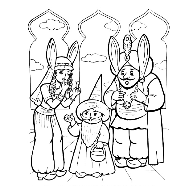 Правитель и его дочь с ослиными ушами и маленький Мук с бородой и корзиной волшебного инжира