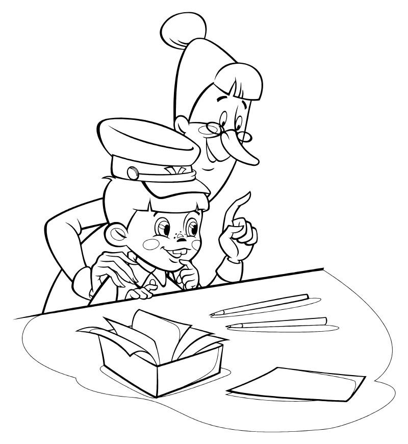 Вовка с библиотекарем сидит за столом с ручками и листами 